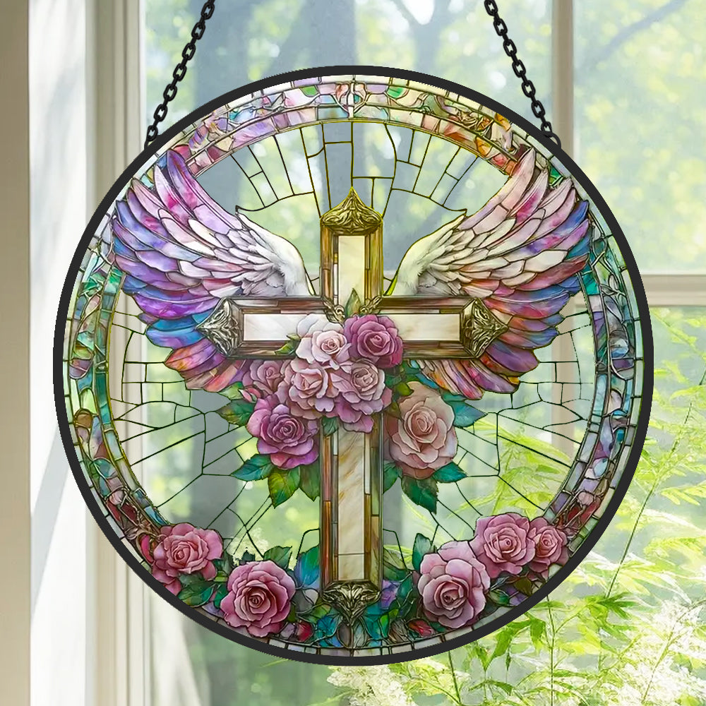 Angel Cross Sun Catcher Decoration Stained Glass Window Hanging