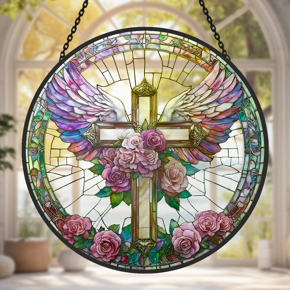 Angel Cross Sun Catcher Decoration Stained Glass Window Hanging
