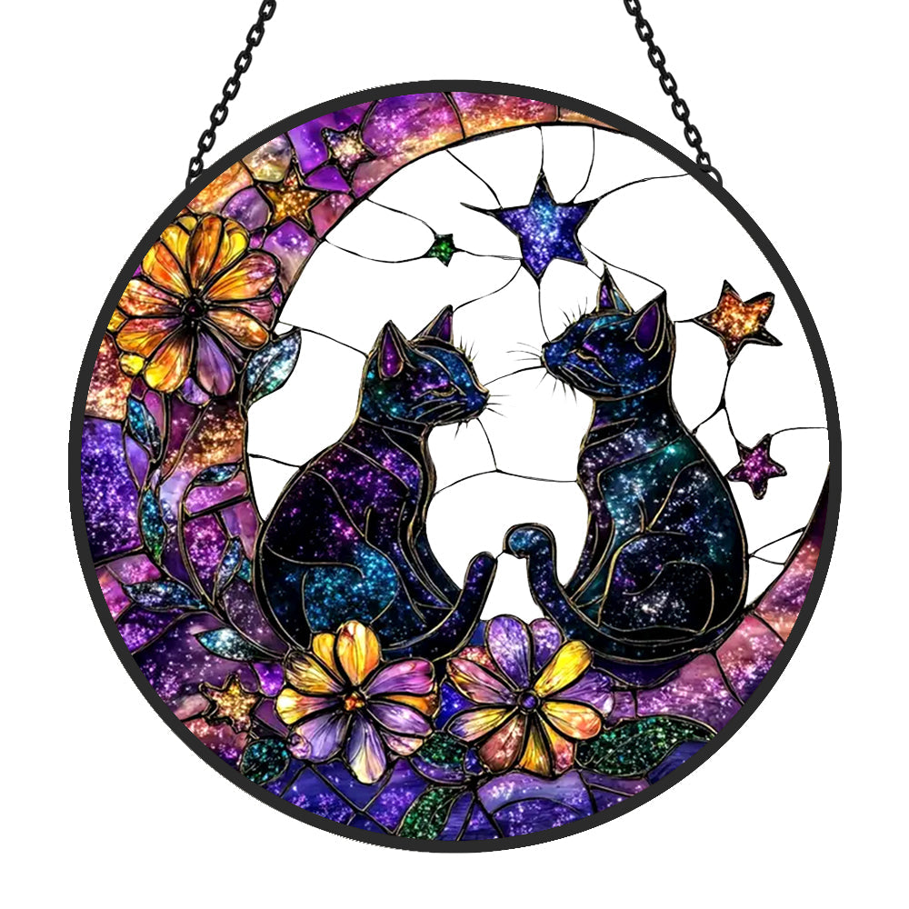 Black Cat and Crescent Moon Sun Catcher Decoration Stained Glass Window Hanging