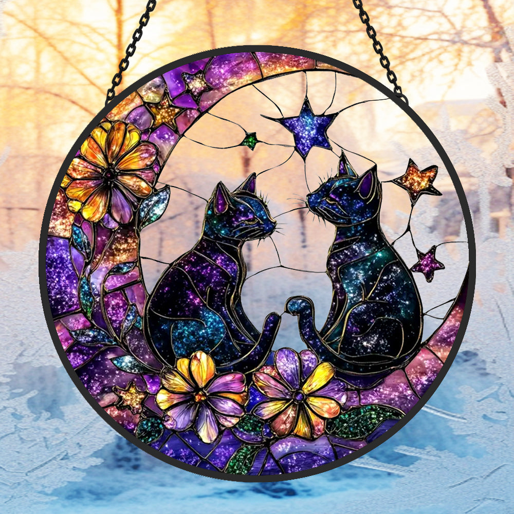 Black Cat and Crescent Moon Sun Catcher Decoration Stained Glass Window Hanging