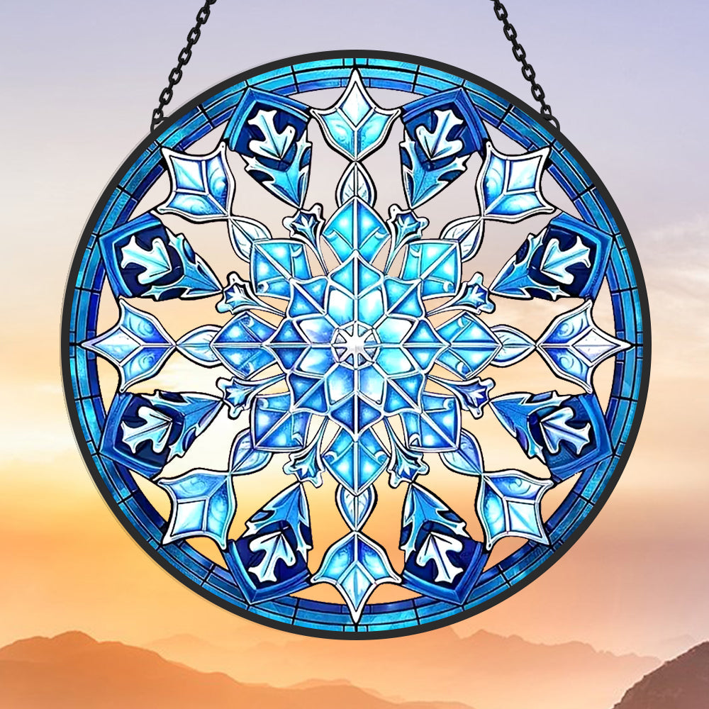 Blue and White Snowflake Sun Catcher Decoration Stained Glass Window Hanging