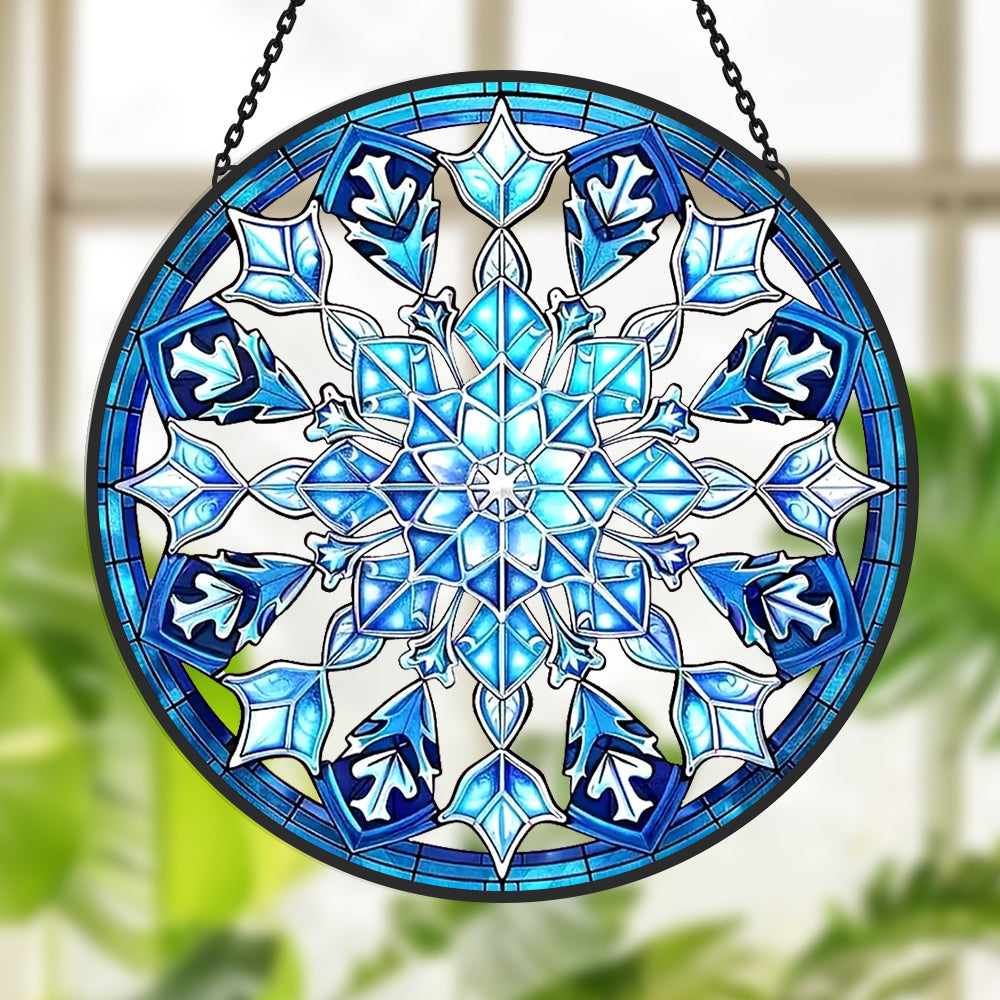 Blue and White Snowflake Sun Catcher Decoration Stained Glass Window Hanging