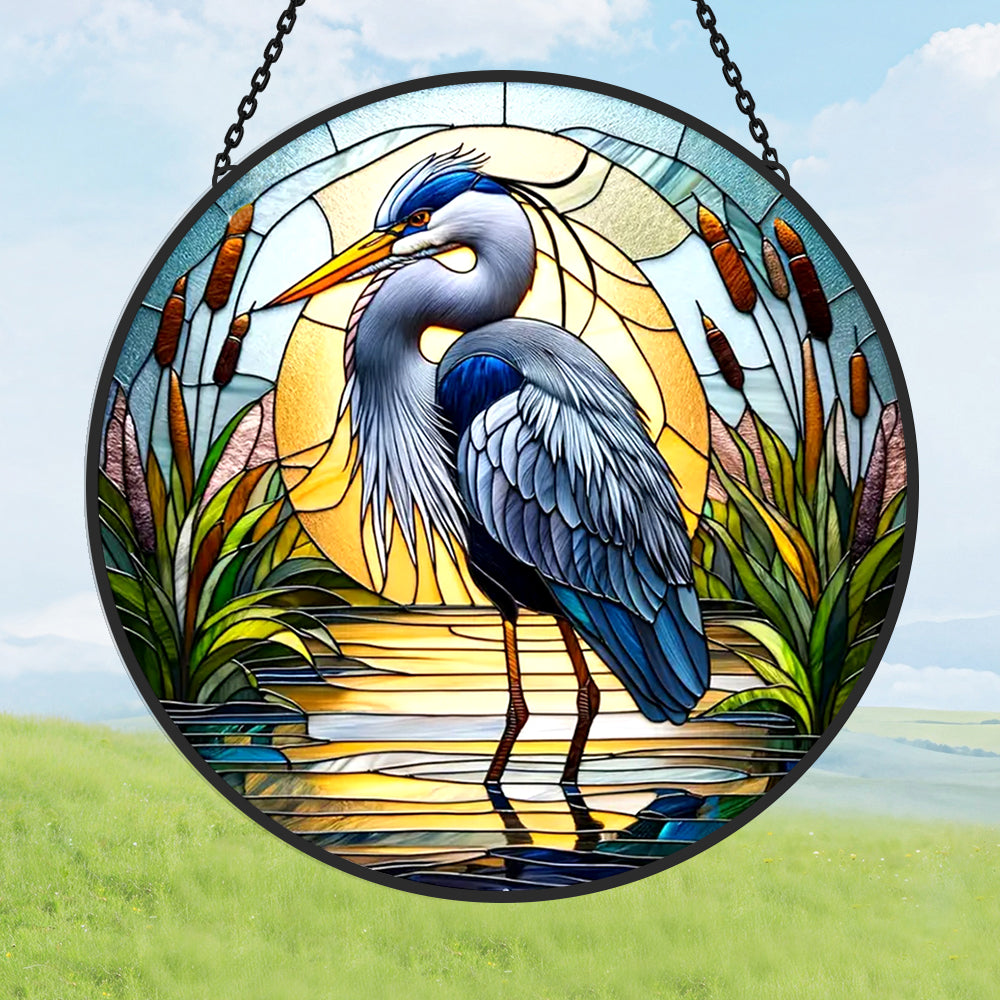 Blue Heron Sun Catcher Decoration Stained Glass Window Hanging