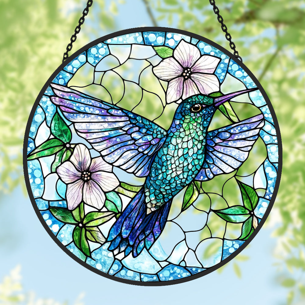 Blue Hummingbird Sun Catcher Decoration Stained Glass Window Hanging