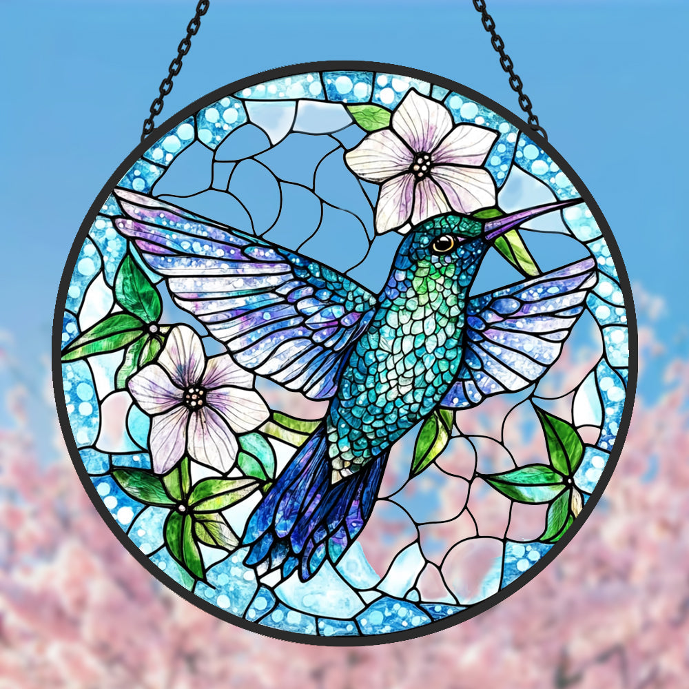 Blue Hummingbird Sun Catcher Decoration Stained Glass Window Hanging