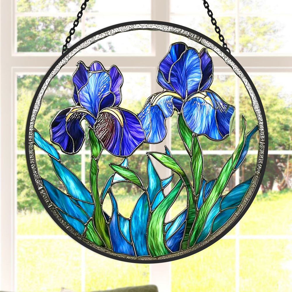 Blue Iris Sun Catcher Decoration Stained Glass Window Hanging