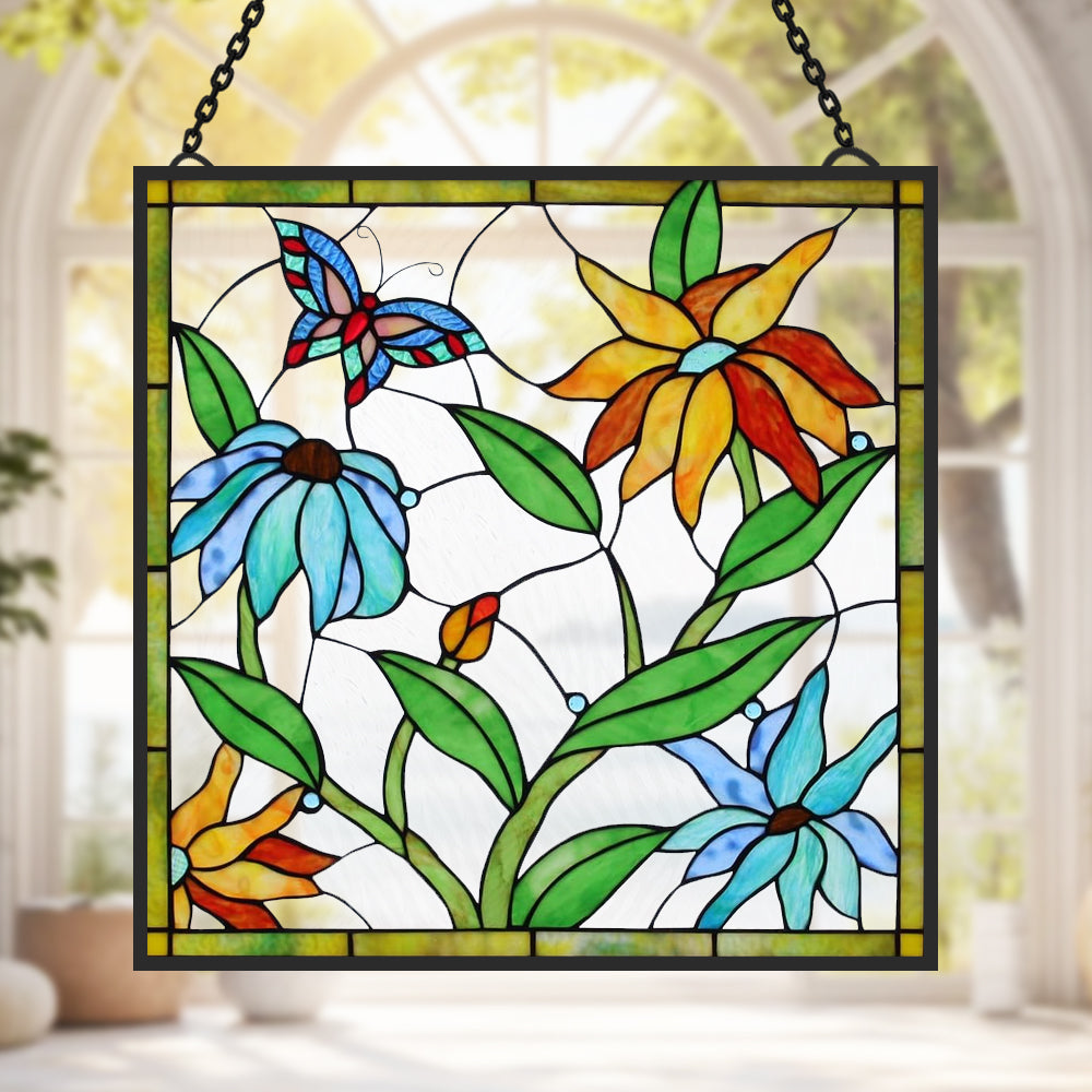 Butterflies and Flowers Sun Catcher Decoration Stained Glass Window Hanging