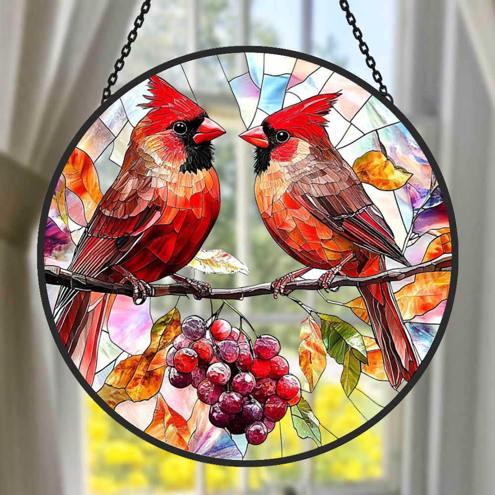 Cardinals Sun Catcher Decoration Stained Glass Window Hanging