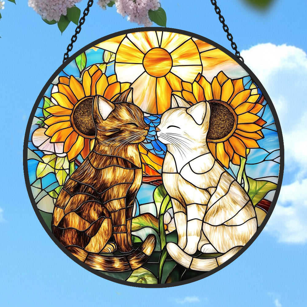 Cat and Flowers Sun Catcher Decoration Stained Glass Window Hanging