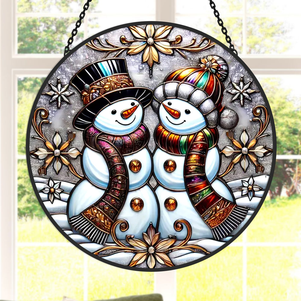 Christmas Snowmen Sun Catcher Decoration Stained Glass Window Hanging