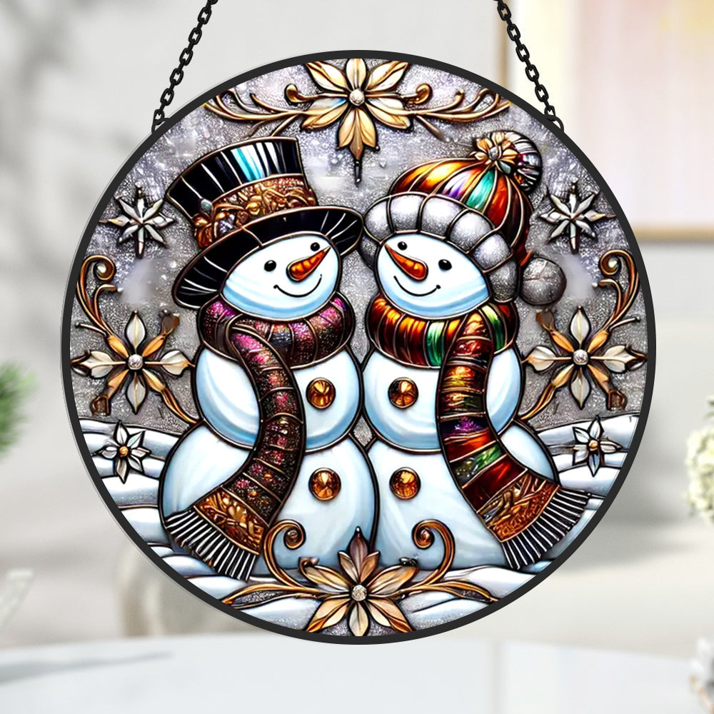 Christmas Snowmen Sun Catcher Decoration Stained Glass Window Hanging