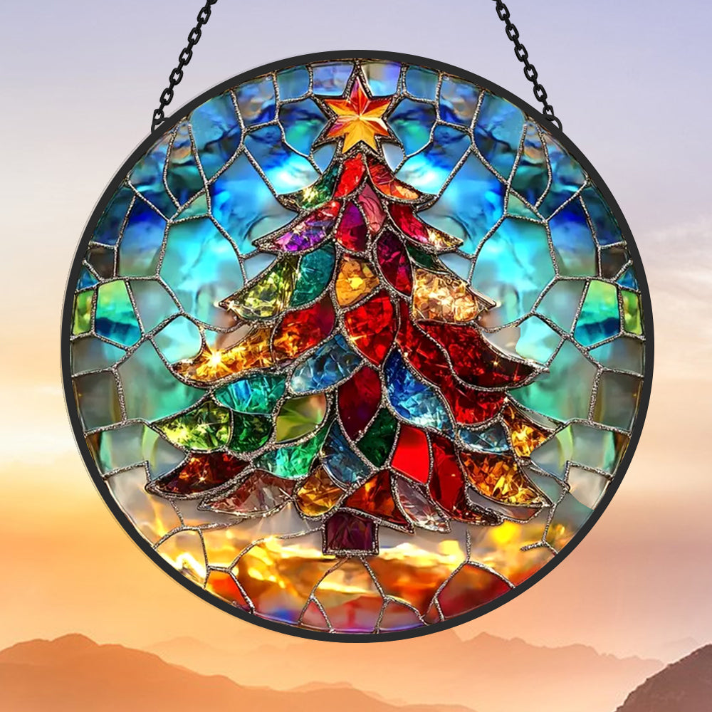 Christmas Tree Sun Catcher Decoration Stained Glass Window Hanging
