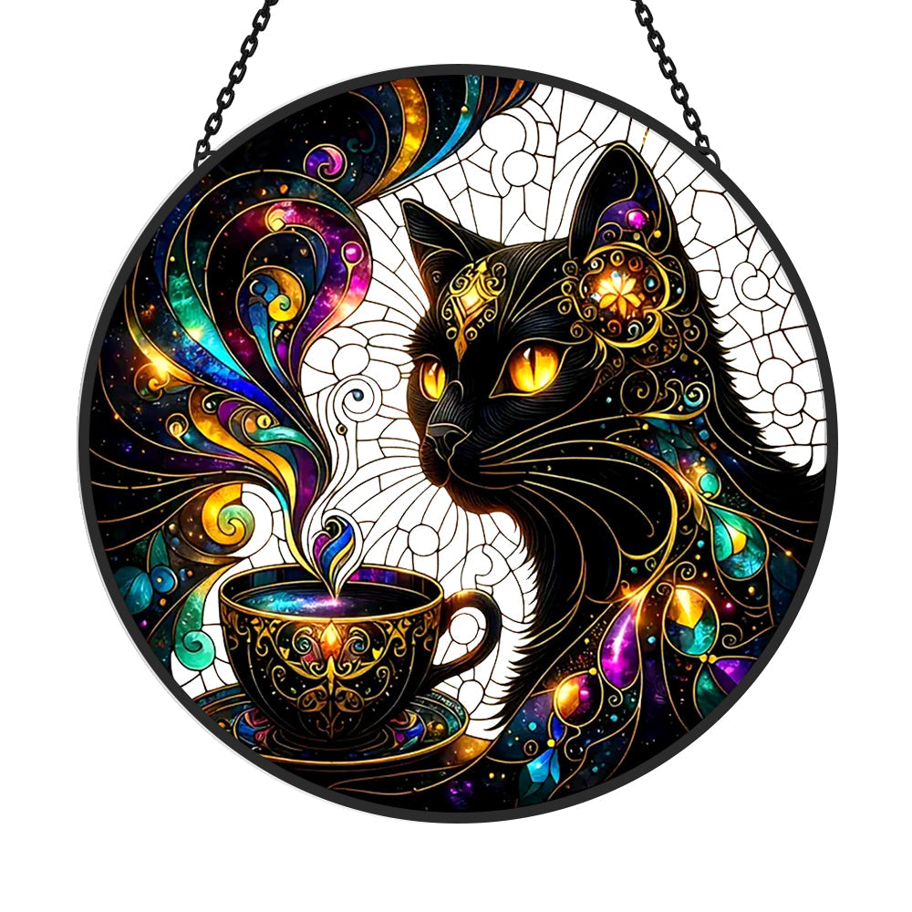 Classic Black Cat Sun Catcher Decoration Stained Glass Window Hanging