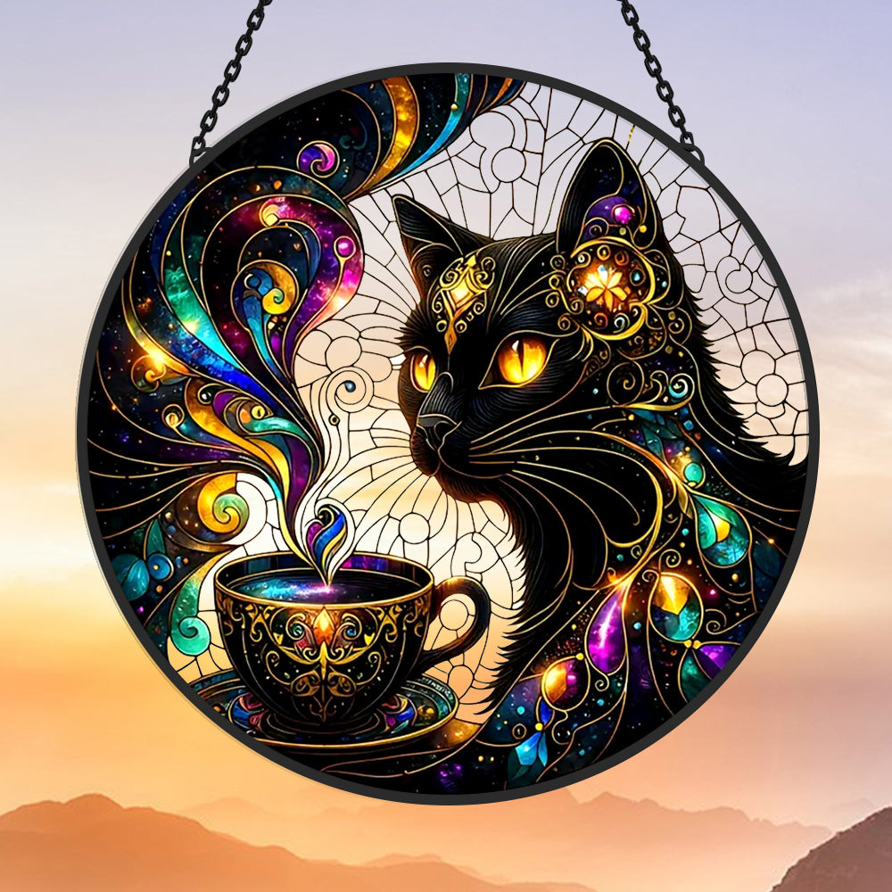 Classic Black Cat Sun Catcher Decoration Stained Glass Window Hanging