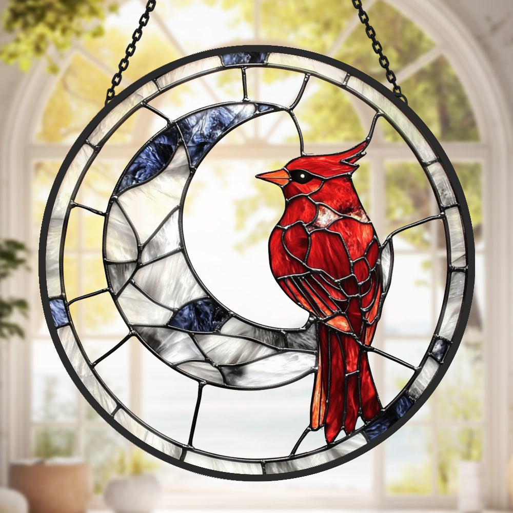 Crescent Moon Cardinals Sun Catcher Decoration Stained Glass Window Hanging