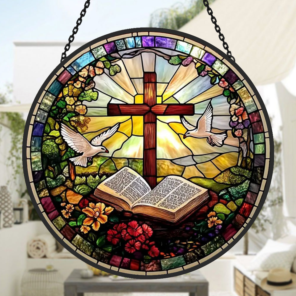 Cross and Dove Sun Catcher Decoration Stained Glass Window Hanging