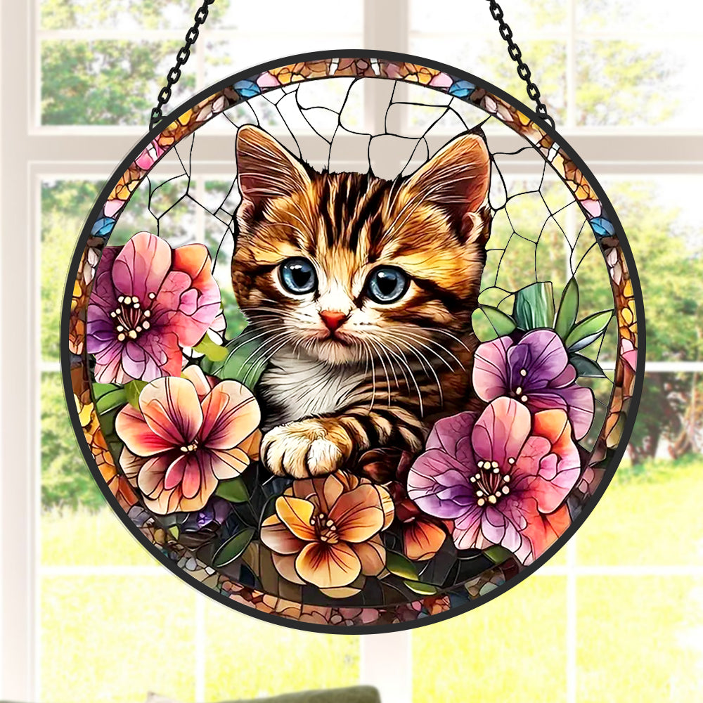 Cute Cat and Flowers Sun Catcher Decoration Stained Glass Window Hanging