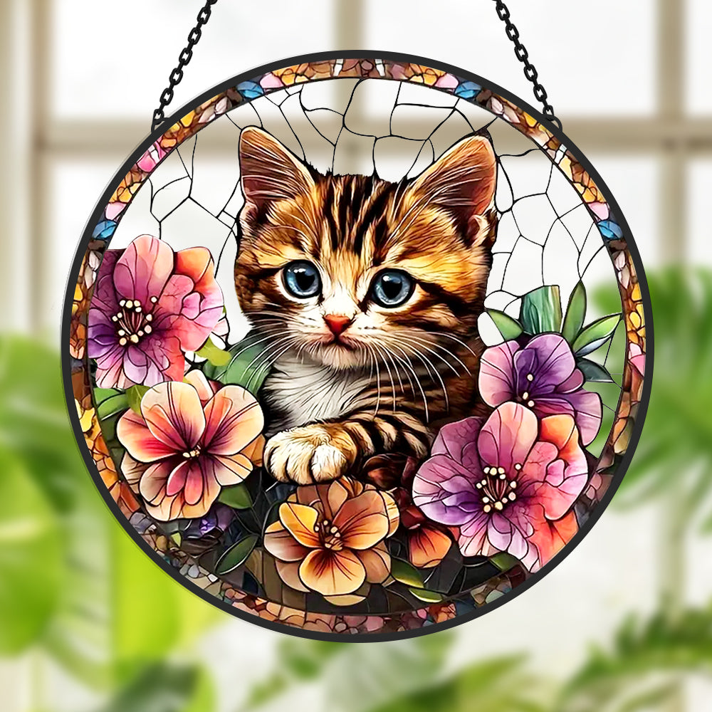 Cute Cat and Flowers Sun Catcher Decoration Stained Glass Window Hanging