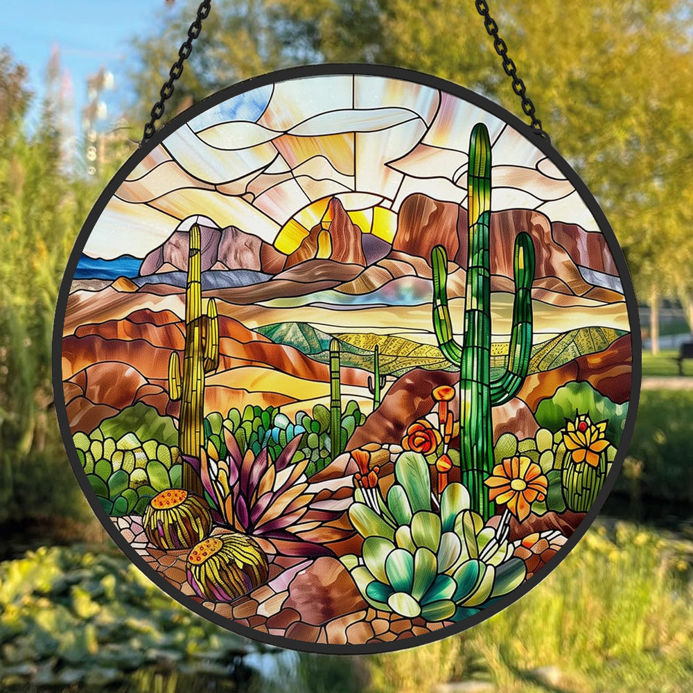 Desert and Cactus Sun Catcher Decoration Stained Glass Window Hanging