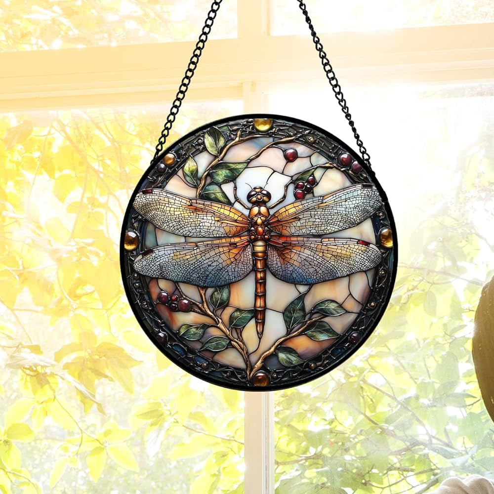 Dragonfly Plant Sun Catcher Decoration Stained Glass Window Hanging