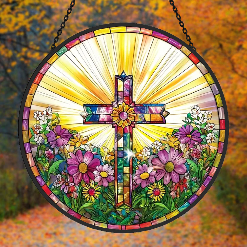 Easter Cross Sun Catcher Decoration Stained Glass Window Hanging
