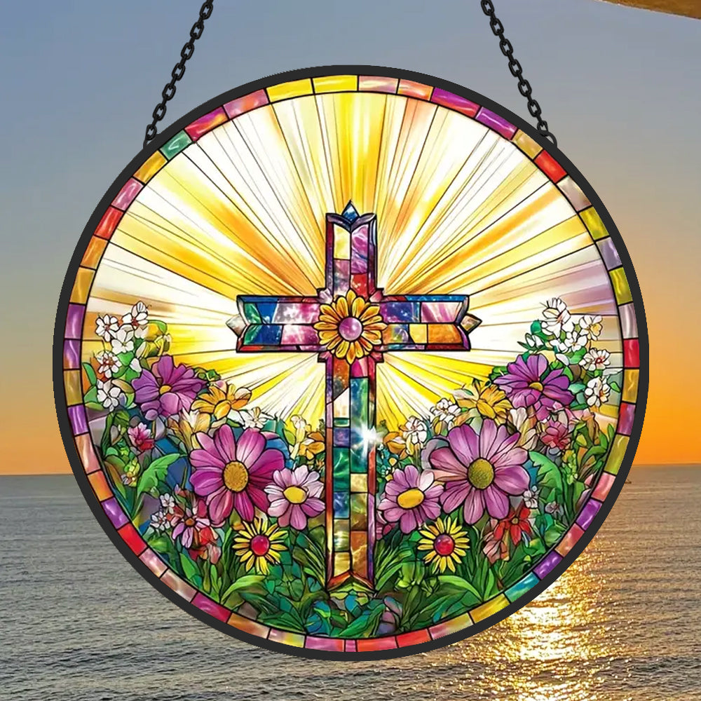 Easter Cross Sun Catcher Decoration Stained Glass Window Hanging