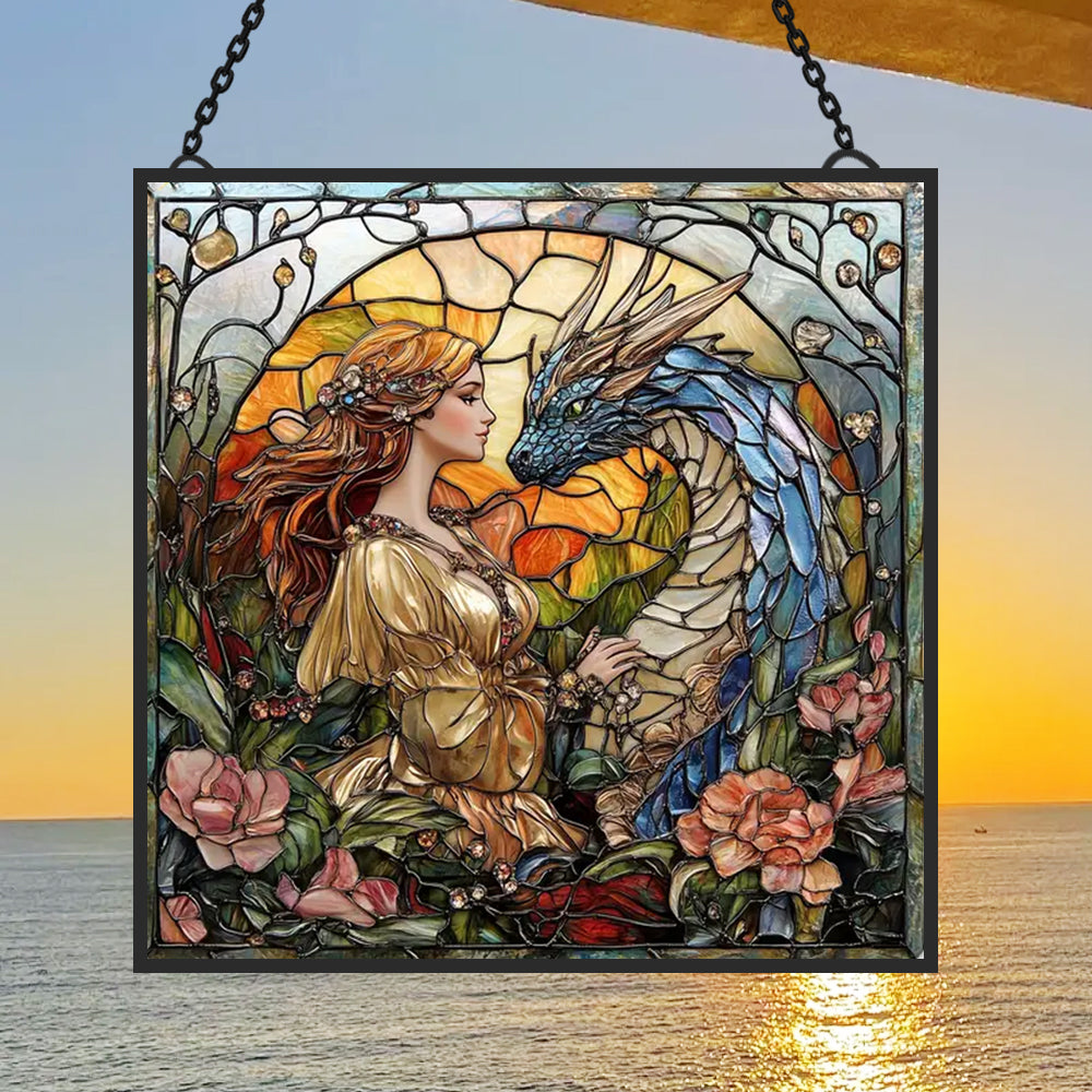Enchanting Dragon and Girl Sun Catcher Decoration Stained Glass Window Hanging