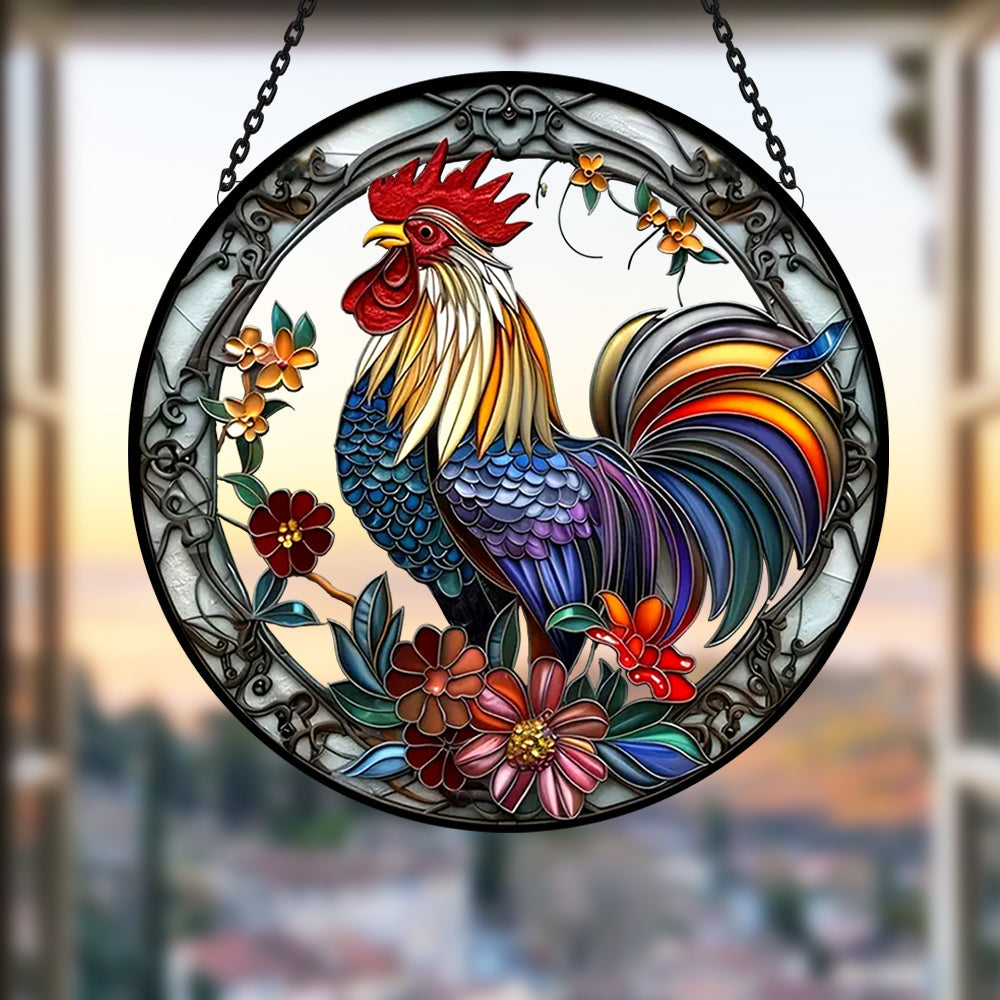 Farm Rooster Sun Catcher Decoration Stained Glass Window Hanging