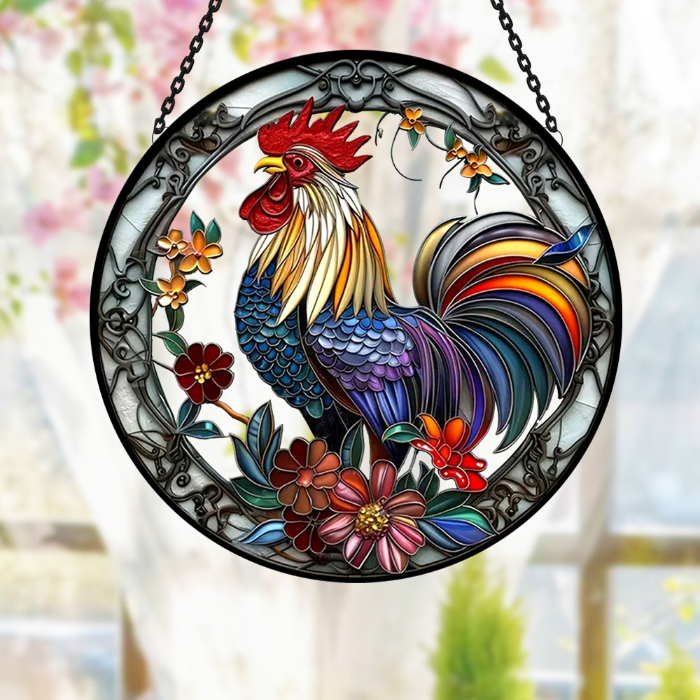 Farm Rooster Sun Catcher Decoration Stained Glass Window Hanging