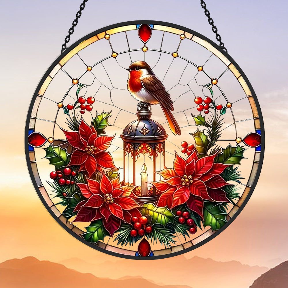 Festive Birds And Lanterns Sun Catcher Decoration Stained Glass Window Hanging