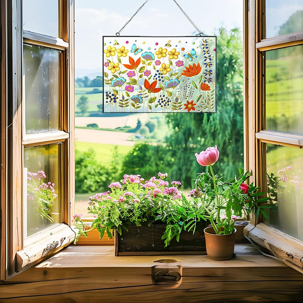 Flowers and Butterflies Sun Catcher Decoration Stained Glass Window Hanging