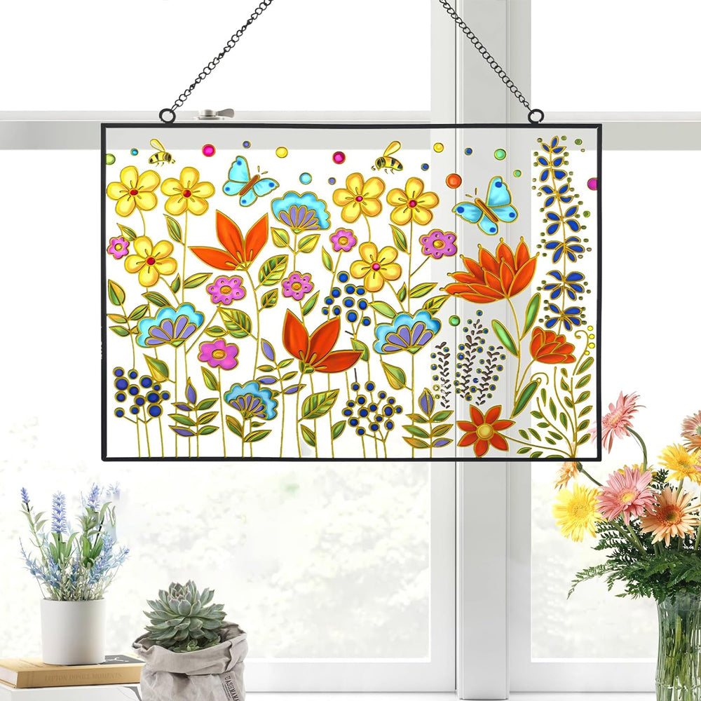 Flowers and Butterflies Sun Catcher Decoration Stained Glass Window Hanging