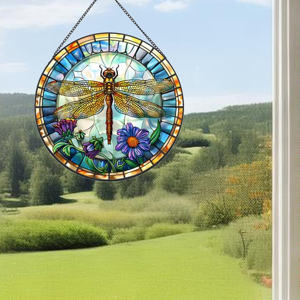 Flowers Dragonfly Sun Catcher Decoration Stained Glass Window Hanging