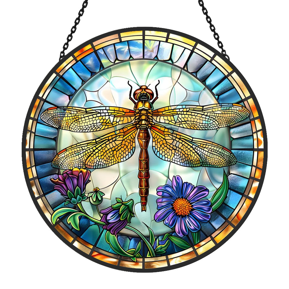Flowers Dragonfly Sun Catcher Decoration Stained Glass Window Hanging