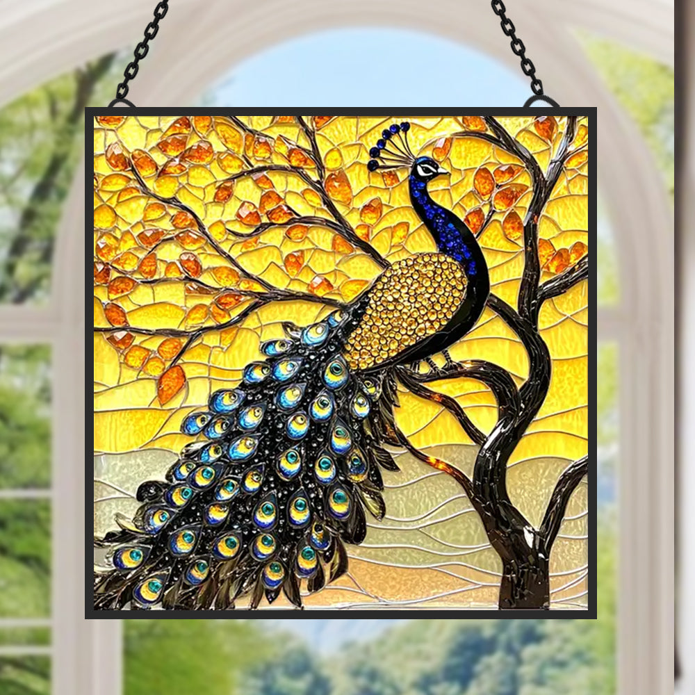 Golden Peacock Sun Catcher Decoration Stained Glass Window Hanging