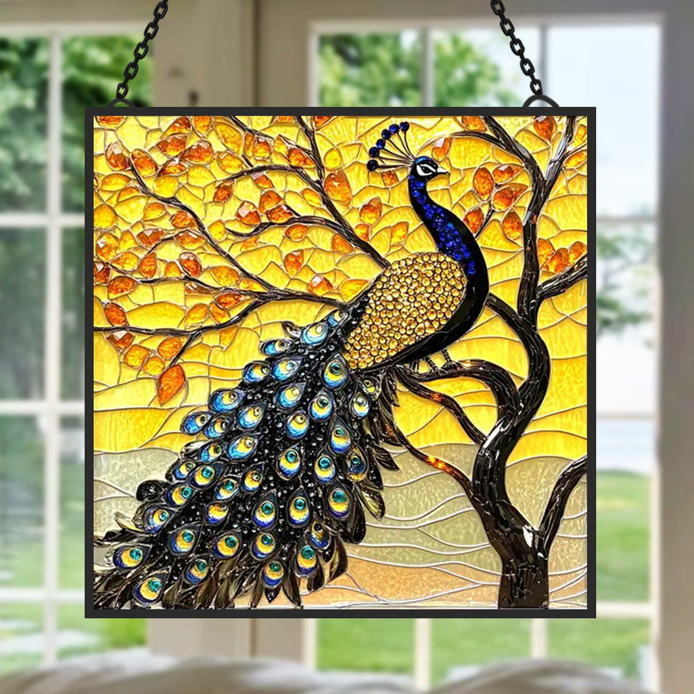 Golden Peacock Sun Catcher Decoration Stained Glass Window Hanging