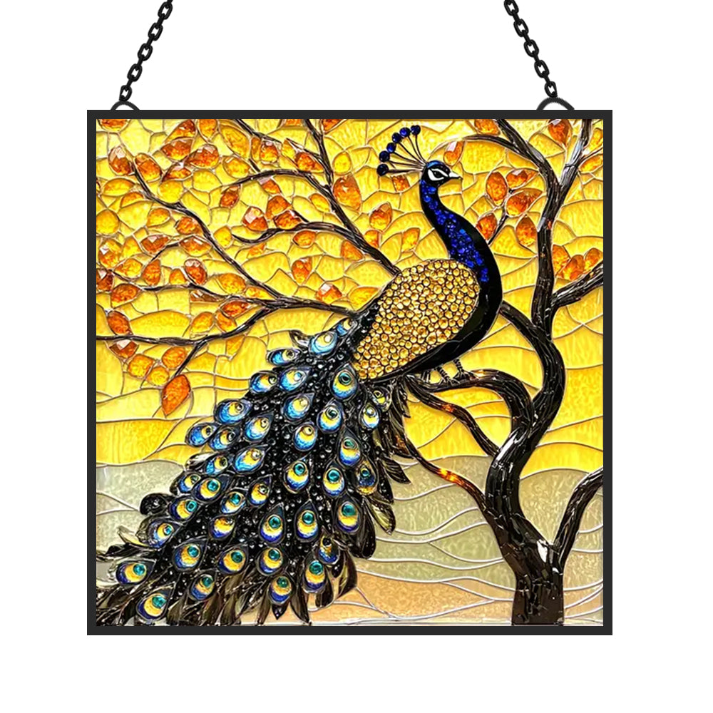 Golden Peacock Sun Catcher Decoration Stained Glass Window Hanging