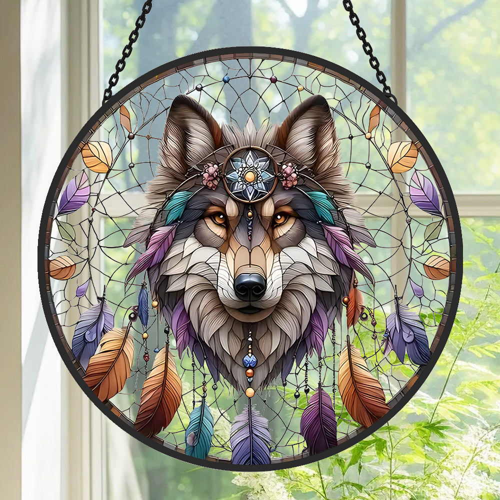 Gray Wolf Sun Catcher Decoration Stained Glass Window Hanging