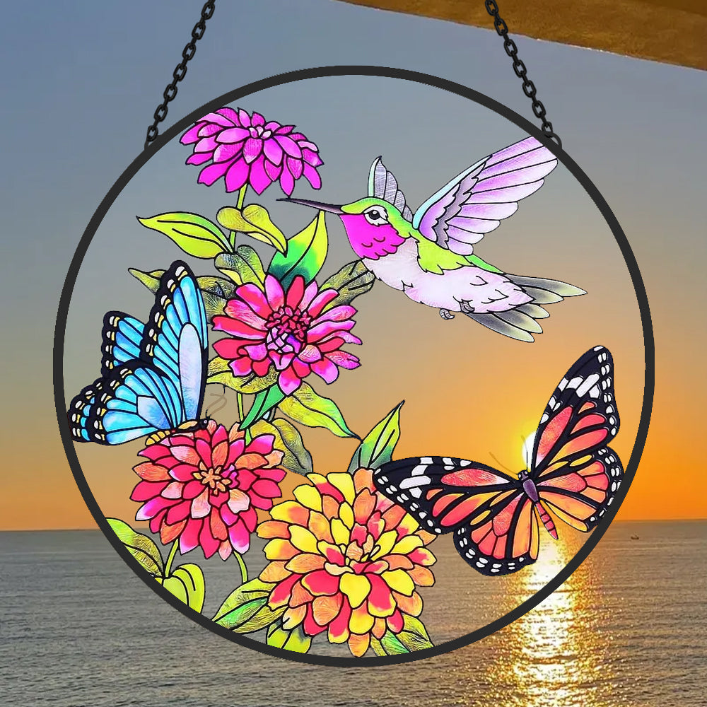 Hummingbird & Butterfly Sun Catcher Decoration Stained Glass Window Hanging