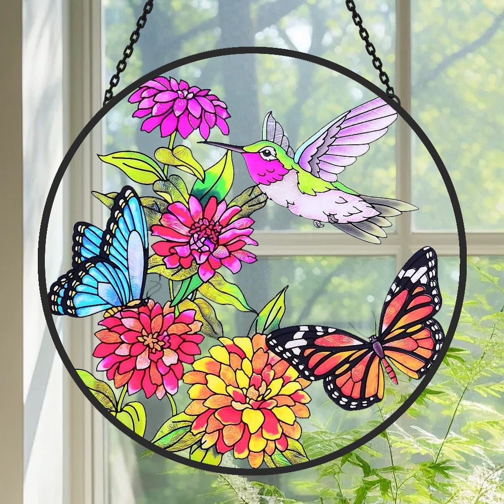 Hummingbird & Butterfly Sun Catcher Decoration Stained Glass Window Hanging