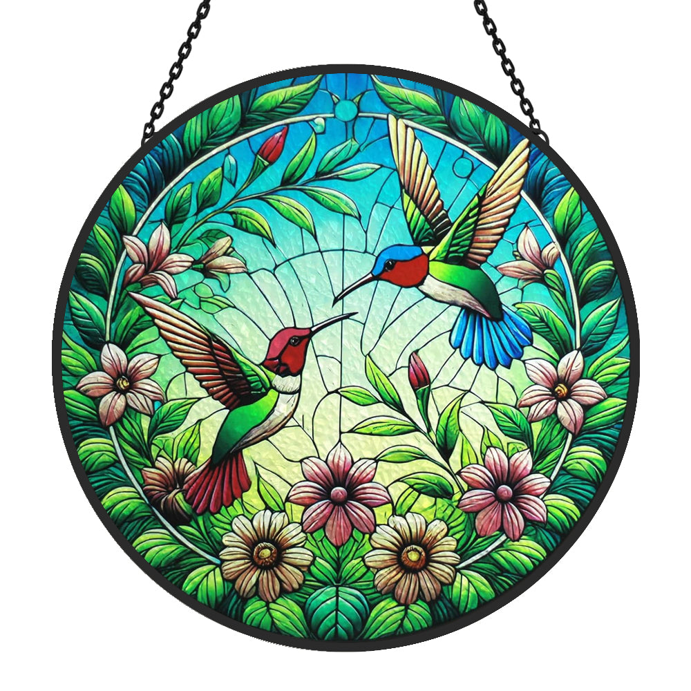 Hummingbird and Flowers Sun Catcher Decoration Stained Glass Window Hanging