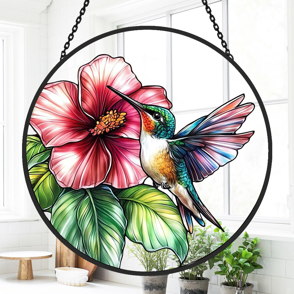 Hummingbird and Hibiscus Sun Catcher Decoration Stained Glass Window Hanging