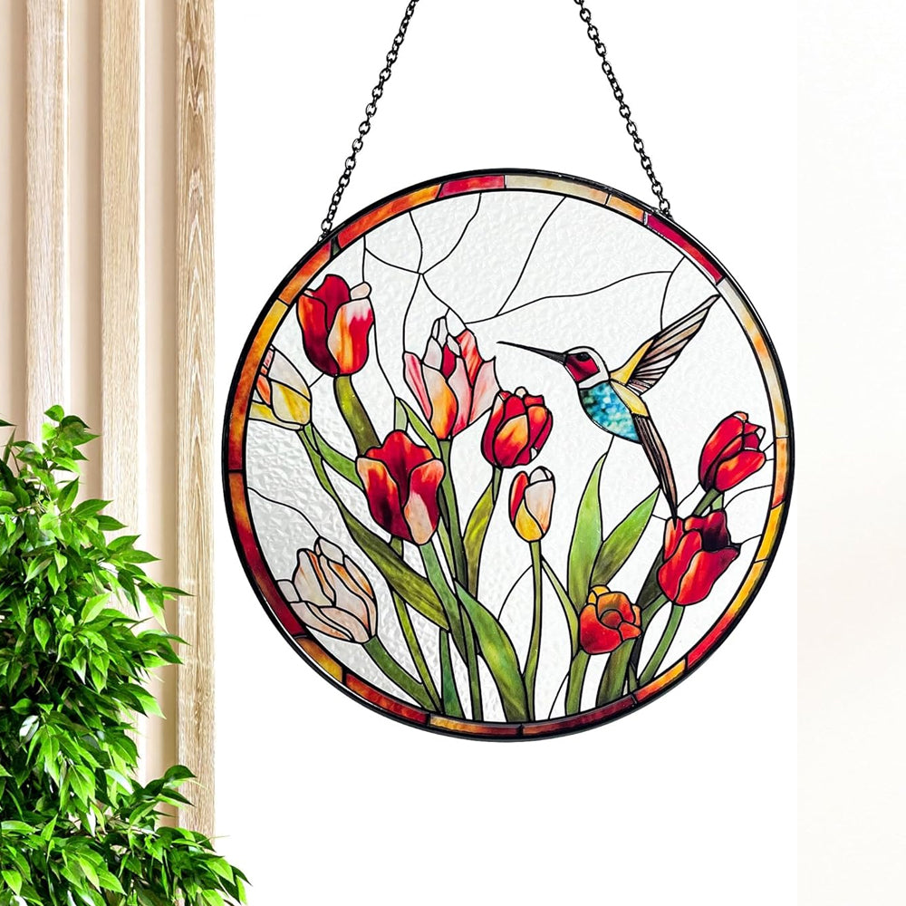 Hummingbird and Tulips Sun Catcher Decoration Stained Glass Window Hanging