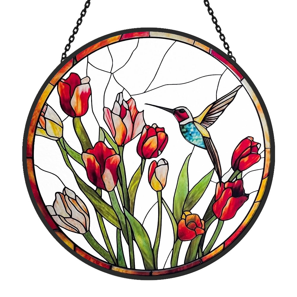 Hummingbird and Tulips Sun Catcher Decoration Stained Glass Window Hanging