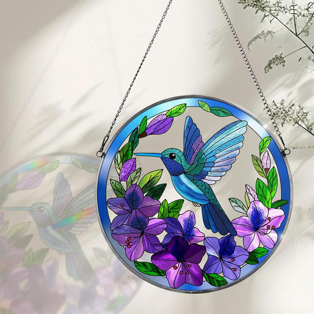 Hummingbirds and Flowers Sun Catcher Decoration Stained Glass Window Hanging