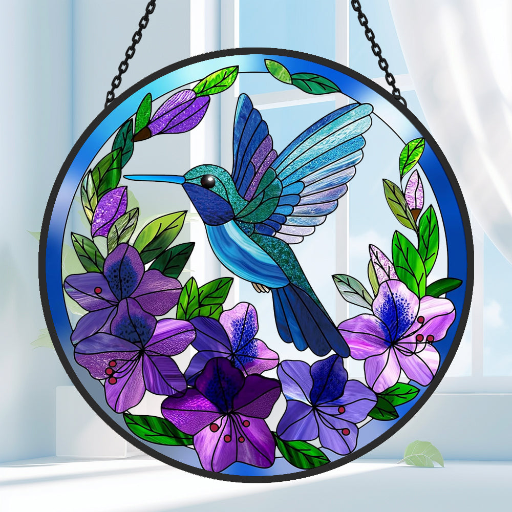 Hummingbirds and Flowers Sun Catcher Decoration Stained Glass Window Hanging