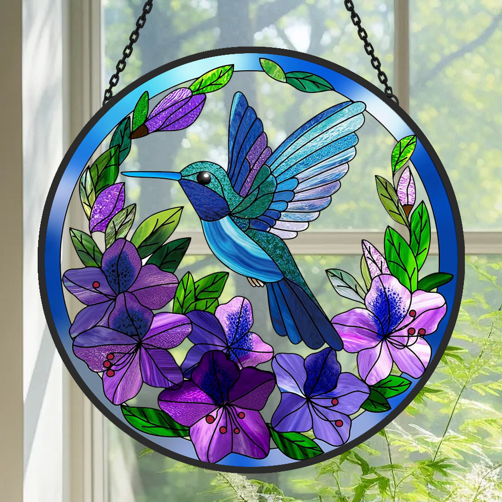 Hummingbirds and Flowers Sun Catcher Decoration Stained Glass Window Hanging