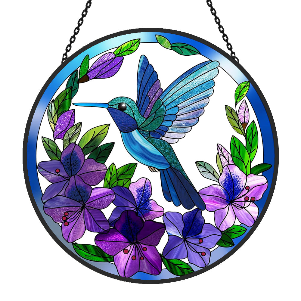 Hummingbirds and Flowers Sun Catcher Decoration Stained Glass Window Hanging