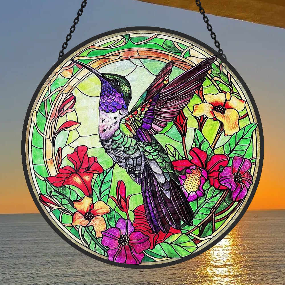 Hummingbirds and Flowers Sun Catcher Decoration Stained Glass Window Hanging