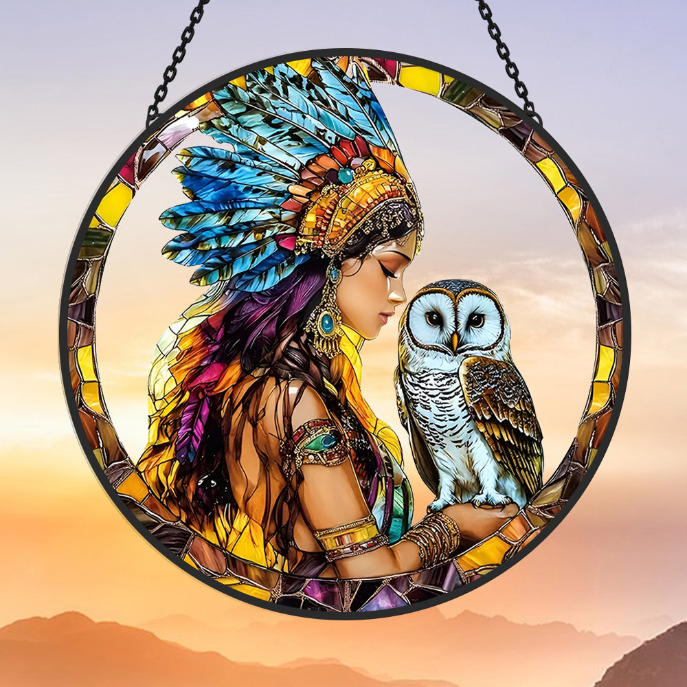 Indigenous Woman and Owl Sun Catcher Decoration Stained Glass Window Hanging